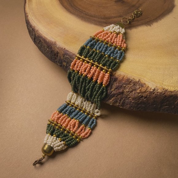 Boho Earth Tone Glass Seed Bead Wide Striped Coral Green Gold Beaded Bracelet - Picture 2 of 11